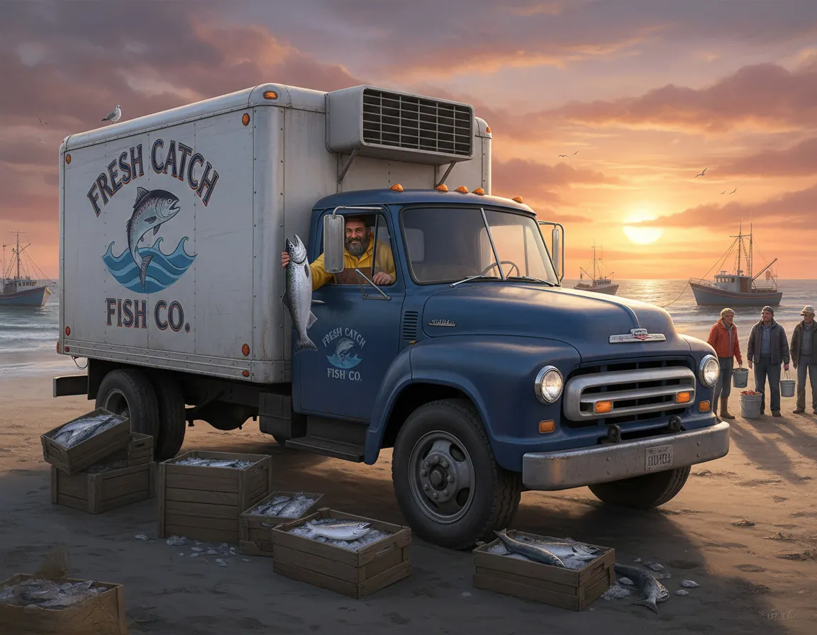 Refrigerated seafood delivery truck at sunset