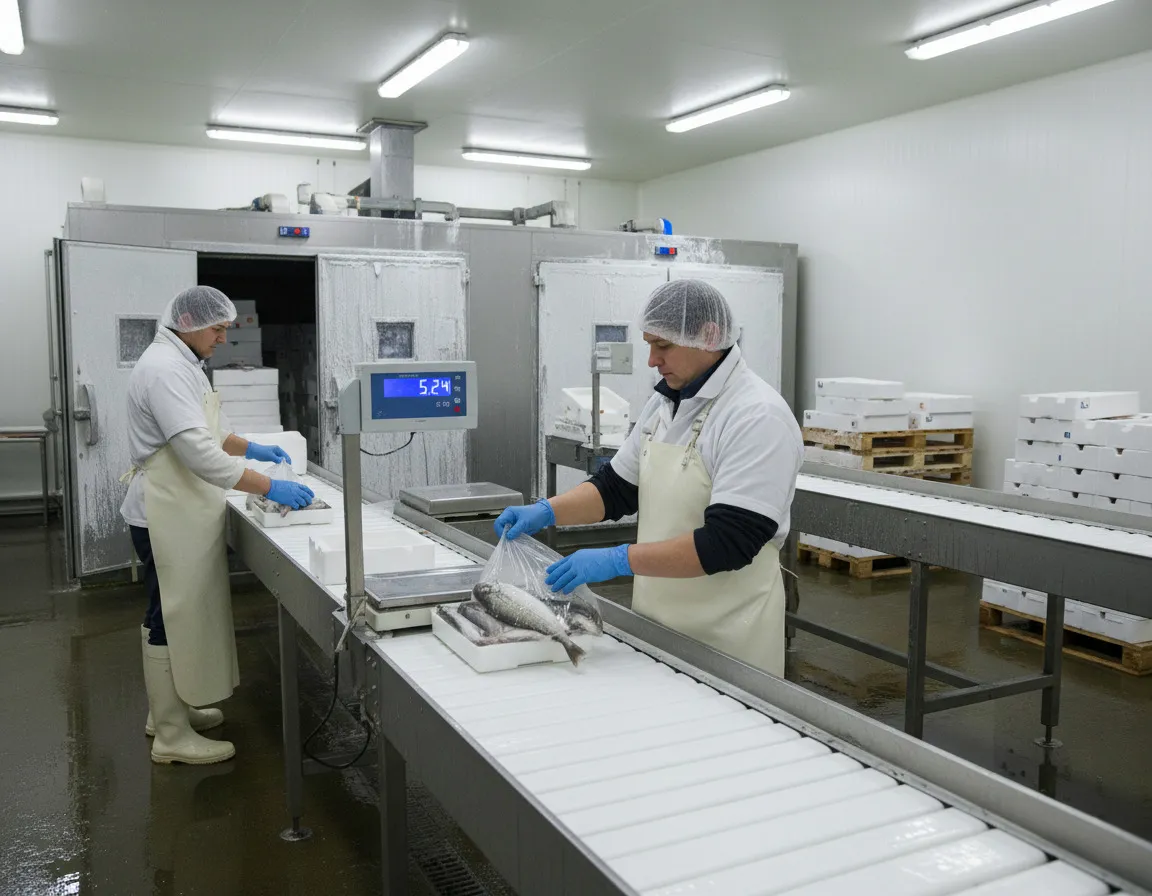 Workers in hairnets and gloves processing seafood on a conveyor line