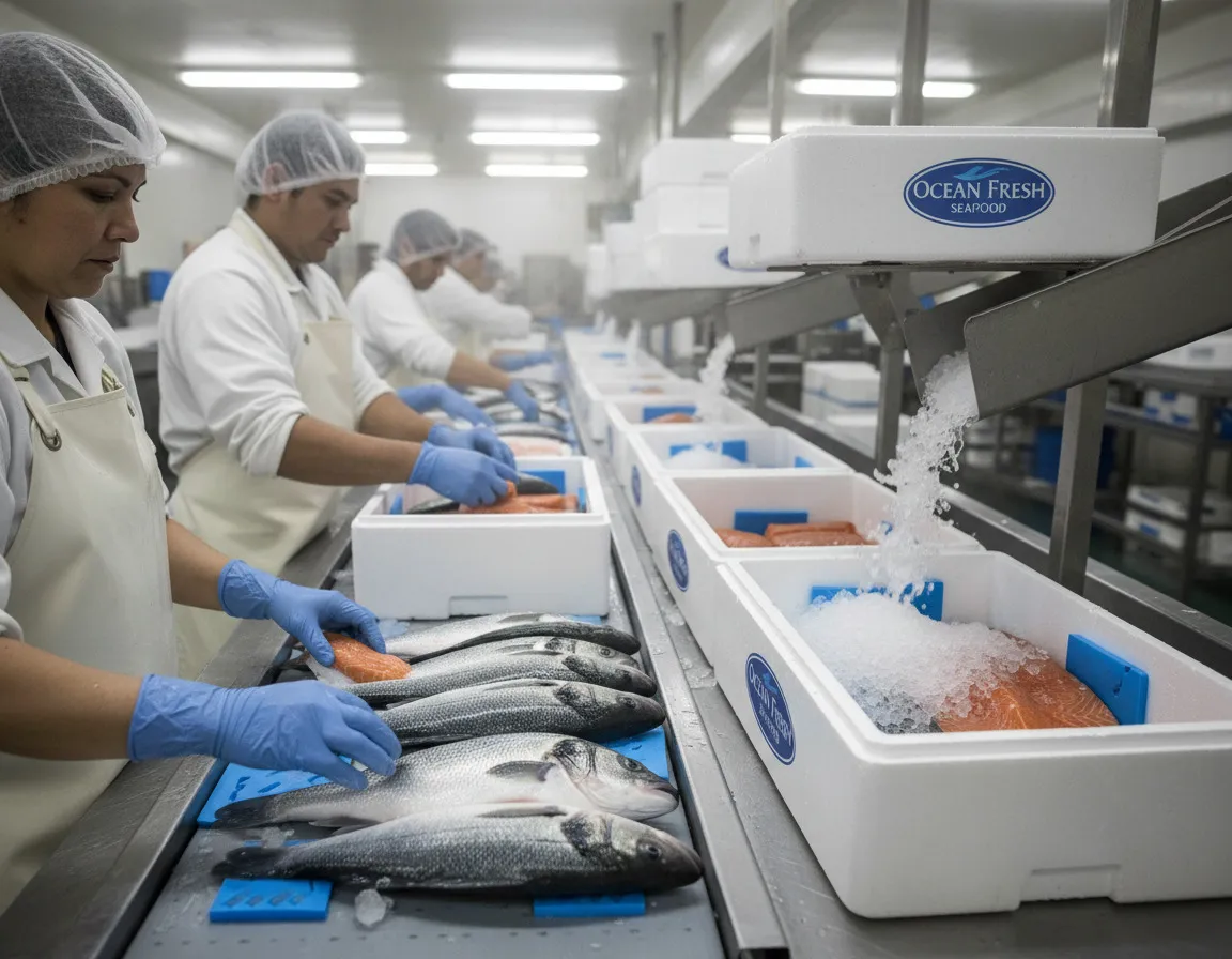 Workers packing seafood into boxes on a production line