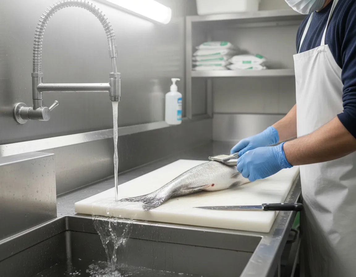 Gloved hands working at a stainless steel sink