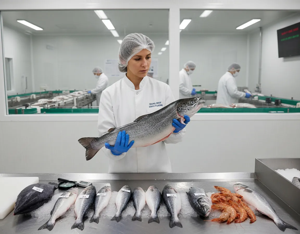 Inspector in a hairnet examining a whole salmon